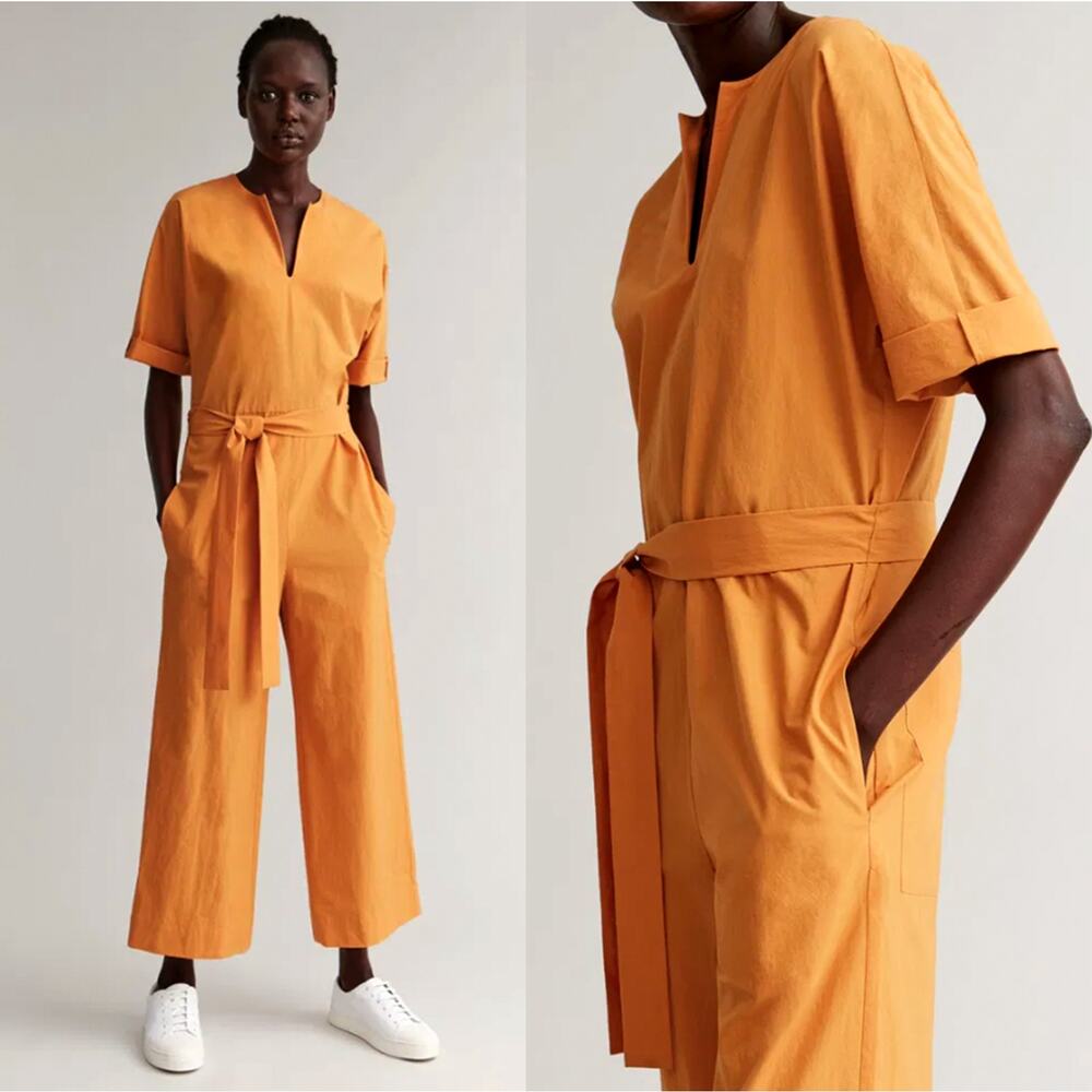 COS V-Neck Wide Leg Jumpsuit $135 Tie Waist 100% Cotton Short Sleeve Orange Sz 4